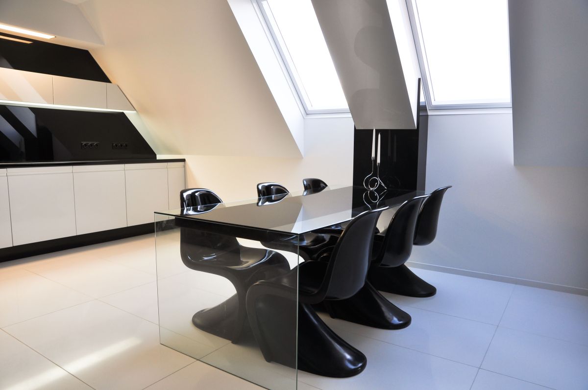 Glass Dining Table, Black Chairs, Apartment Interior by Jovo Bozhinovski