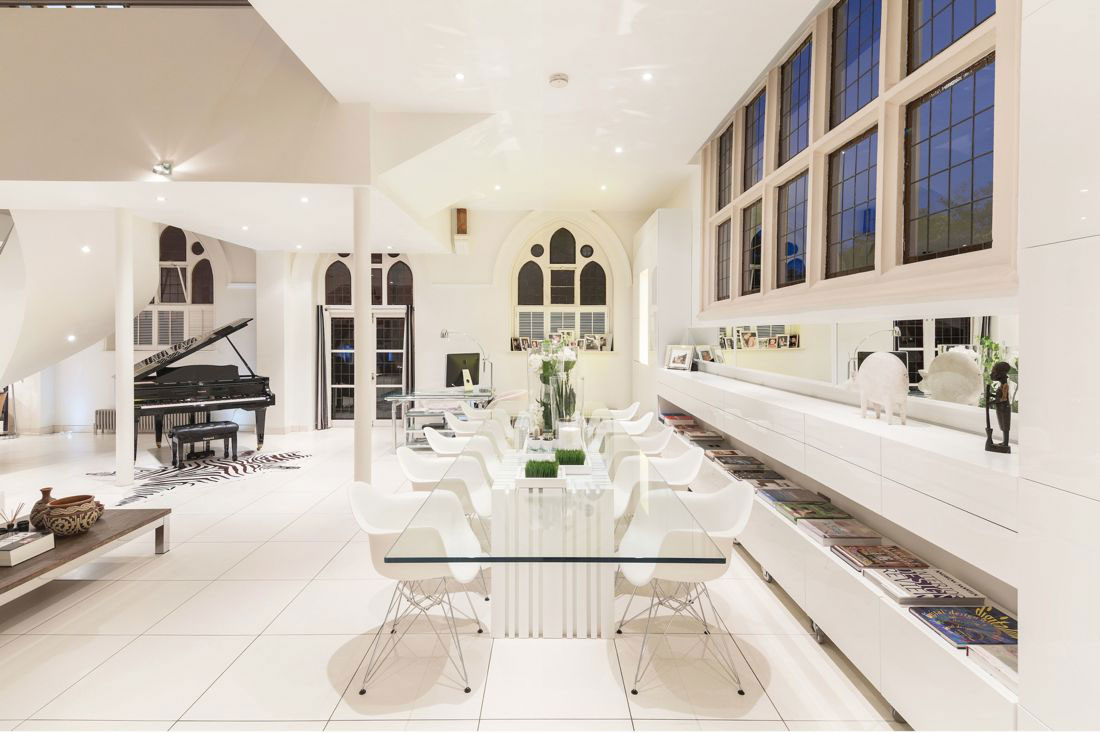 Glass Dining Table, Bright White Interior, Church Conversion in London, England