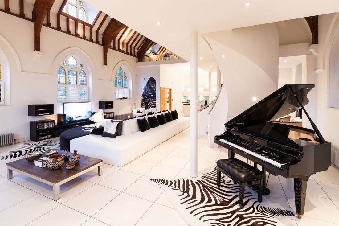 Piano, Sofa, Table, White Tiles, Church Conversion in London, England