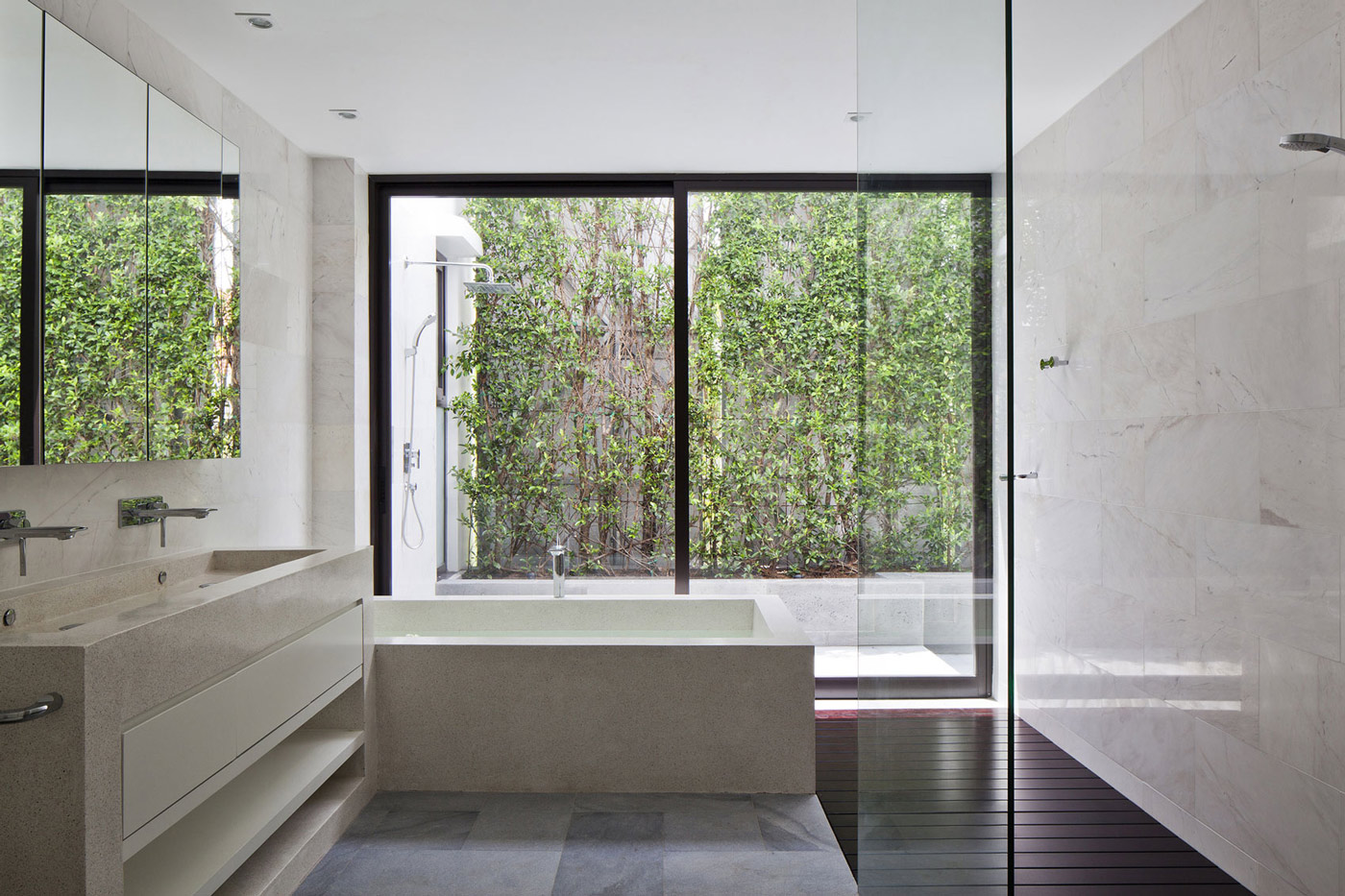 Glass Screen, Shower, Bath, Sinks, Marble Tiles