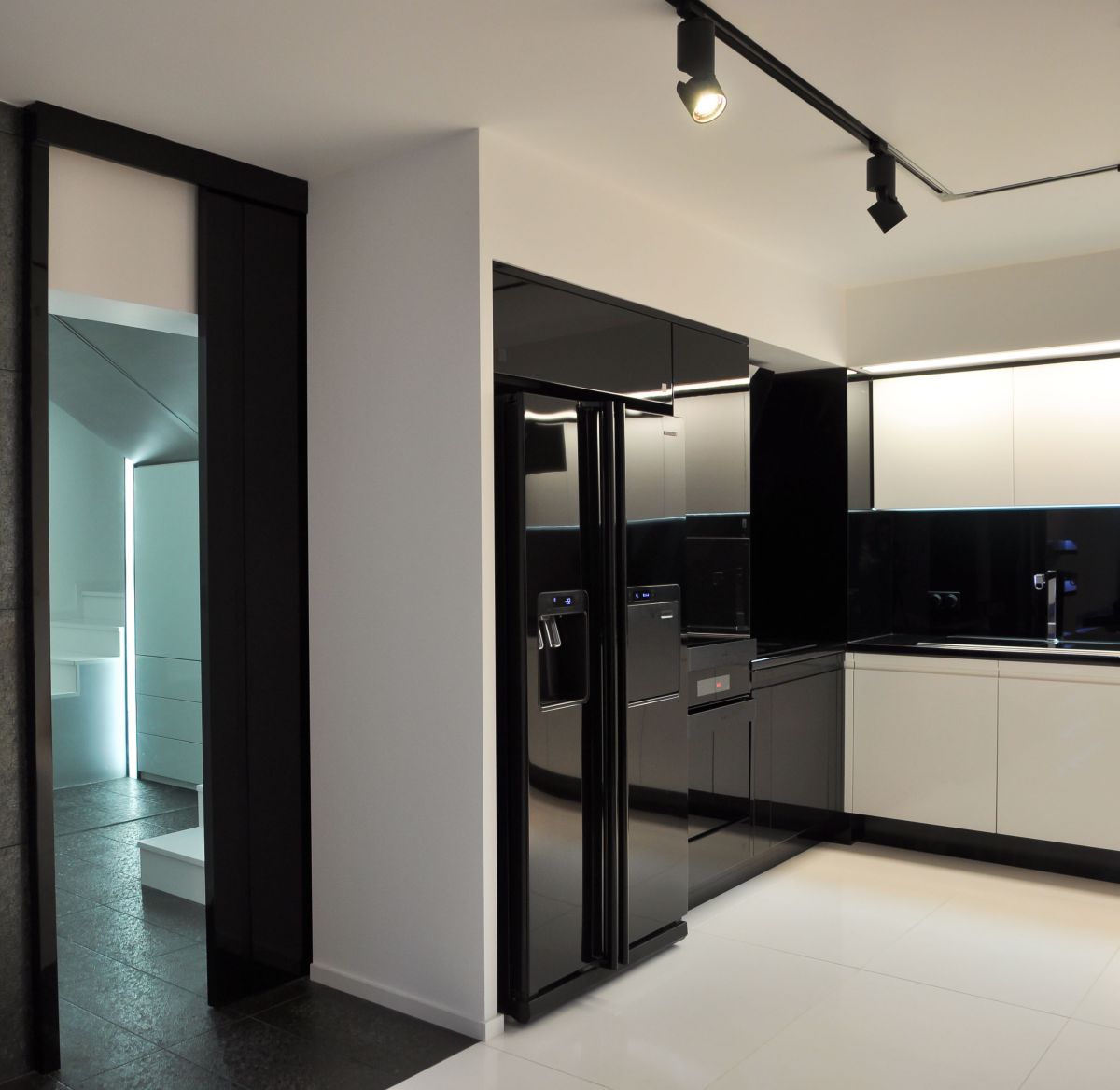 Kitchen, Black Fridge Freezer, Apartment Interior by Jovo Bozhinovski