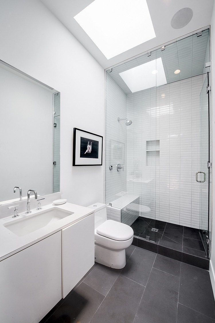 Glass Shower, Grey & White Bathroom, Hillside House with a Rooftop Carport