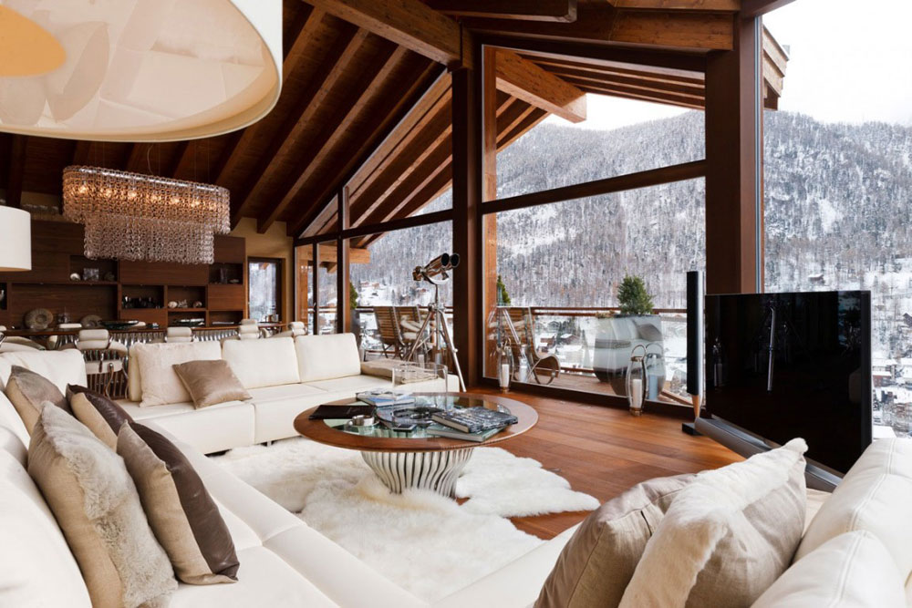 White Sofas, Living Room, Luxury Boutique Chalet in Zermatt