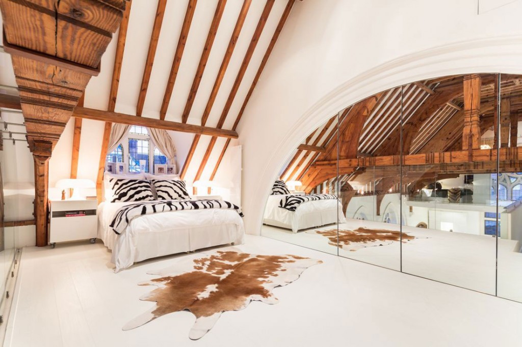 Bedroom, Ceiling Beams, Large Mirror, Church Conversion in London, England