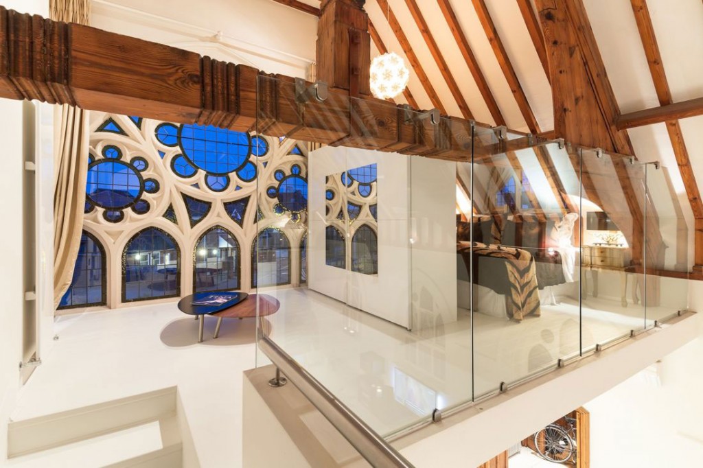 Glass Balustrading, Landing, Thick Wood Beams, Church Conversion in London, England